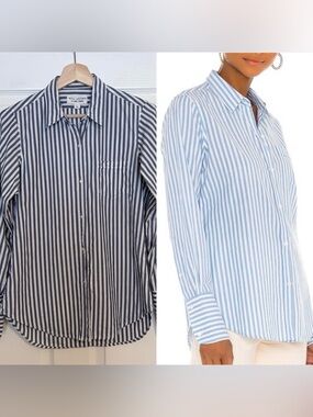 Nili Lotan Chest Pocket NL Shirt Navy White Banker Stripe  Poplin Button Down S